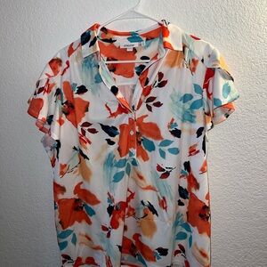 Chico's Orange and Blue Graphic Polo Blouse